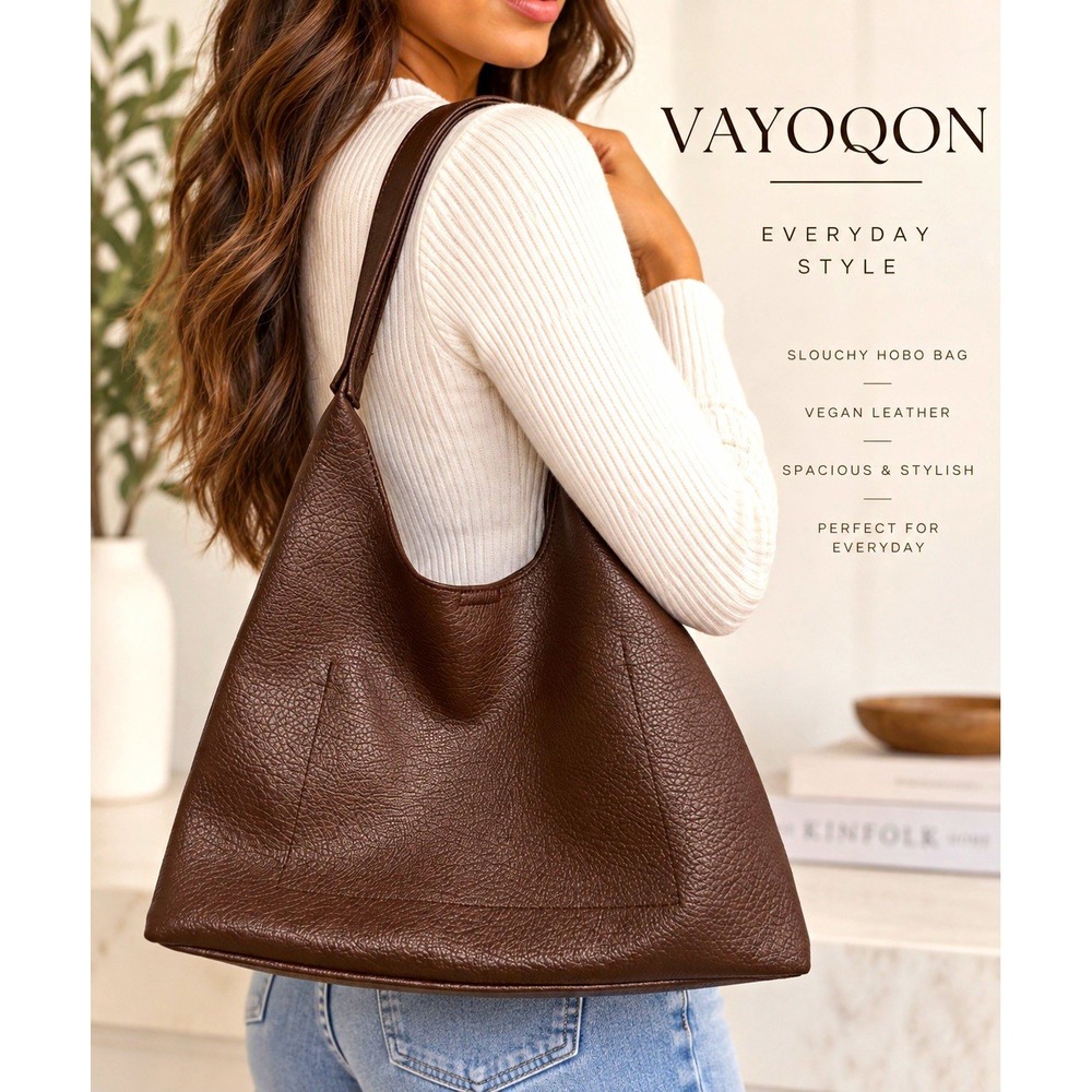 VAYOQOON Brown Pebbled Hobo Shoulder Bag Gold Hardware Magnetic w/ Pouch